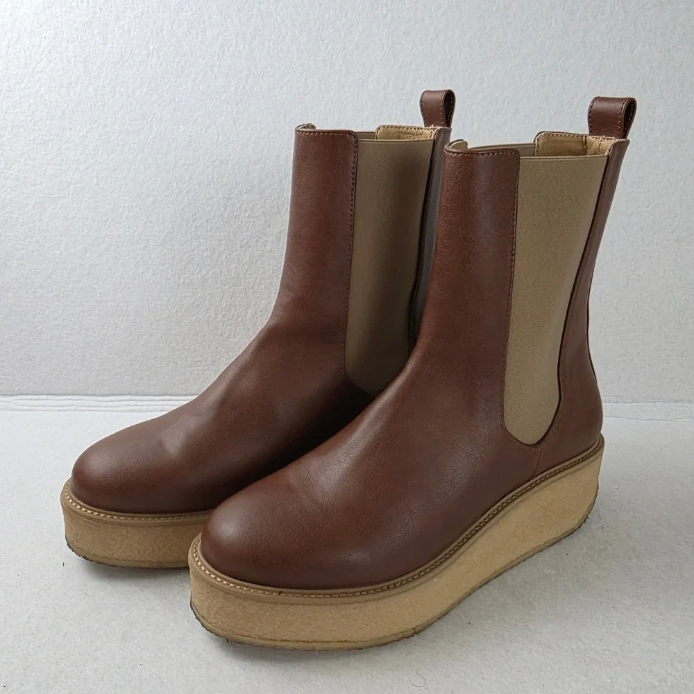Novacas Womens 39 Vegan Chelsea Boots Brown Platform Wedge Made Portugal